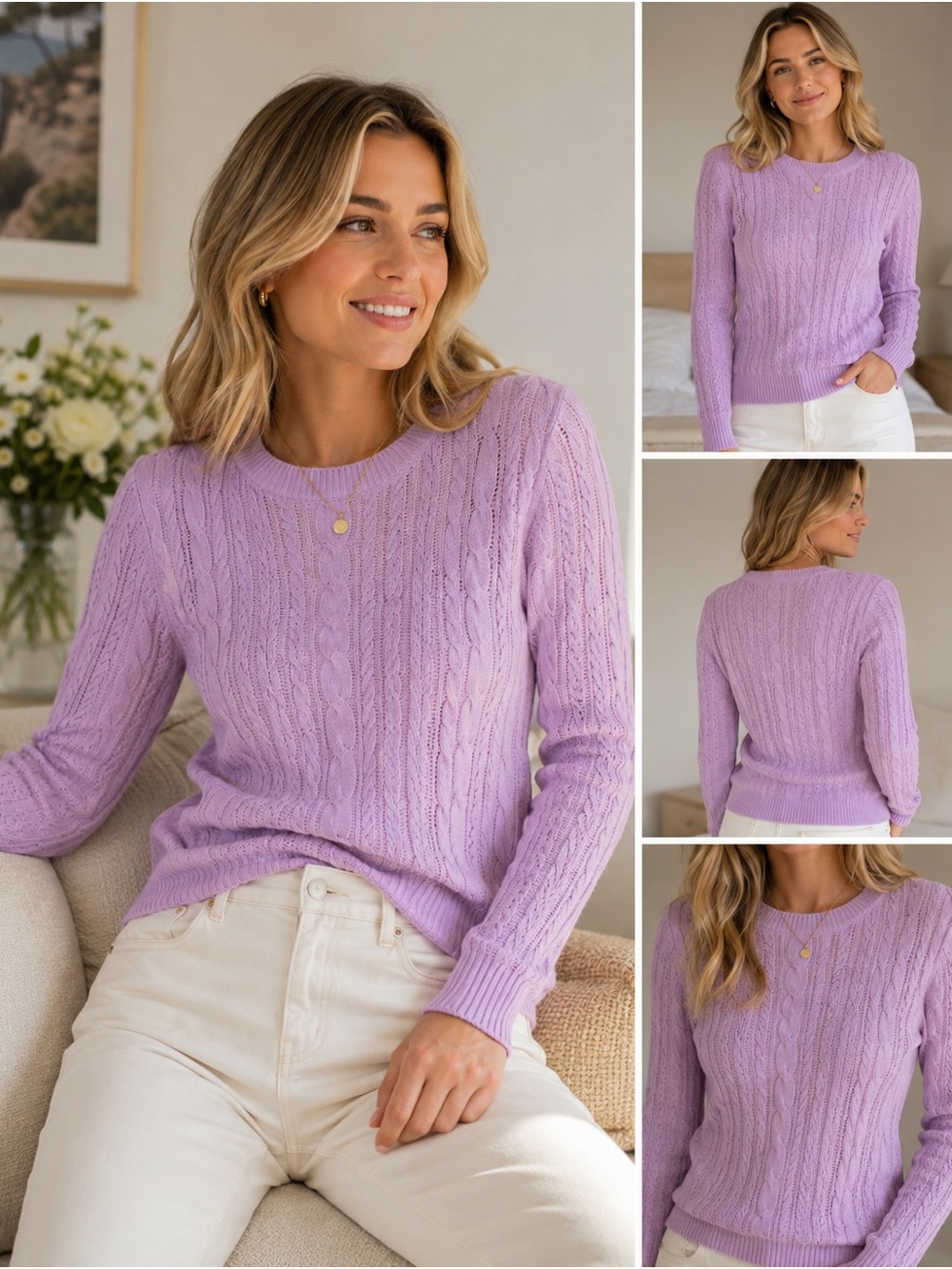 Lilac Cable Knit Sweater Women’s M | Preppy Quiet Luxury